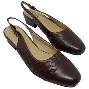 Trotters “Dea” Womens Size 10N Narrow Brown Woven Leather Slingback Buckle Pumps